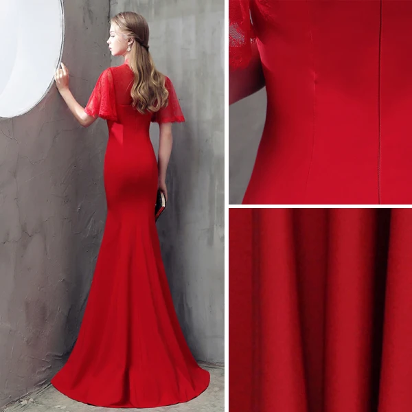 Chic / Beautiful Red Chinese style Formal Dresses 2017 Trumpet / Mermaid Lace Flower Strappy High Neck 1/2 Sleeves Floor-Length / Long Evening Dresses