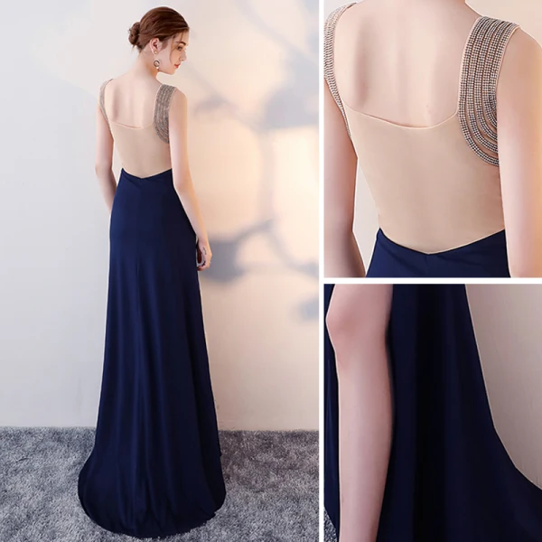 Chic / Beautiful Navy Blue Evening Dresses 2017 A-Line / Princess Rhinestone Backless V-Neck Sleeveless Floor-Length / Long Formal Dresses