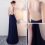Chic / Beautiful Navy Blue Evening Dresses  2017 A-Line / Princess Rhinestone Backless V-Neck Sleeveless Floor-Length / Long Formal Dresses