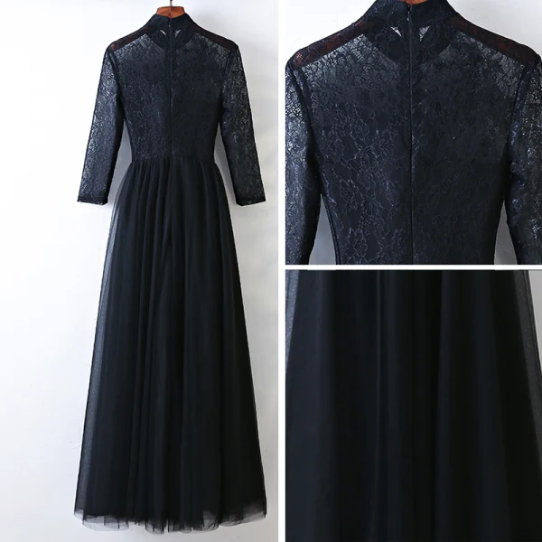 Chic / Beautiful Black Evening Dresses 2017 A-Line / Princess Lace Beading Crystal High Neck Long Sleeve Ankle Length Formal Dresses