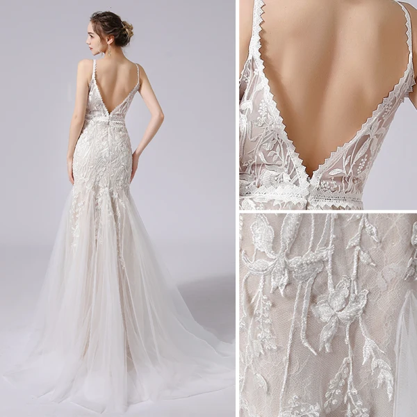 Charmant Champagner Brautkleider / Hochzeitskleider 2021 Meerjungfrau Spaghettiträger Perlenstickerei Spitze Blumen Ärmellos Rückenfreies Sweep / Pinsel Zug Hochzeit
