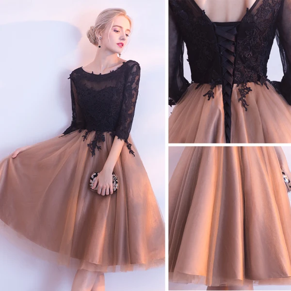 Chic / Beautiful Black Homecoming Graduation Dresses 2017 A-Line / Princess Lace Flower Scoop Neck Backless 3/4 Sleeve Knee-Length