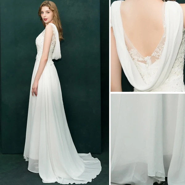 Moderne / Mode Ivoire Robe De Soirée 2019 Princesse V-Cou Appliques En Dentelle Paillettes Sans Manches Dos Nu Train De Balayage Robe De Ceremonie