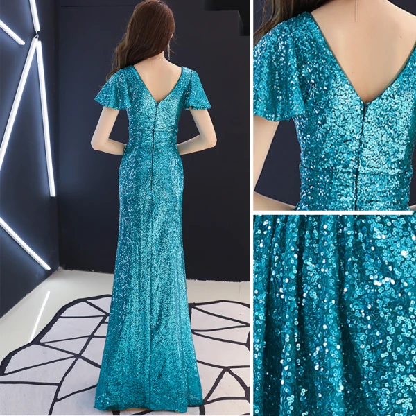 Scintillantes Bleu Marine Paillettes Robe De Soirée 2019 Princesse V-Cou Manches Courtes Dos Nu Longue Robe De Ceremonie