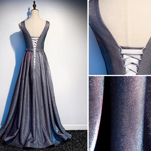 Moderne / Mode Bleu Marine Ciel étoilé Robe De Soirée 2019 Princesse Glitter Polyester Encolure Dégagée Faux Diamant Sans Manches Dos Nu Longue Robe De Ceremonie