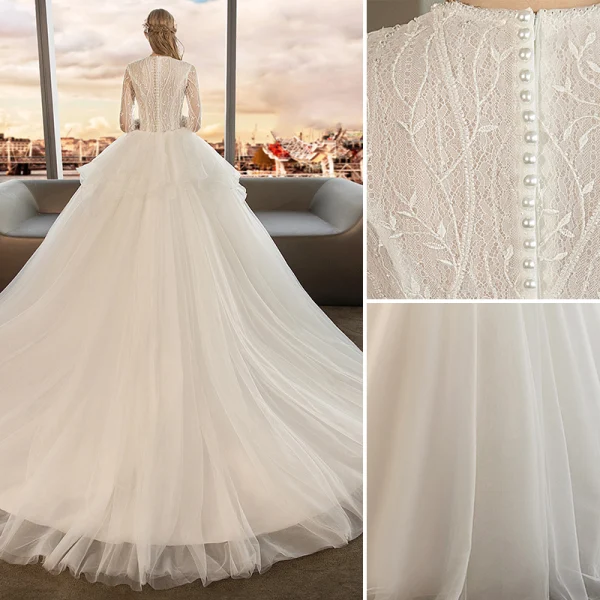 Audrey Hepburn Style Ivory Wedding Dresses 2019 Ball Gown Scoop Neck Beading Lace Flower Pearl Long Sleeve Chapel Train
