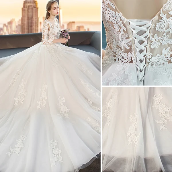 Modest / Simple White Wedding Dresses 2019 A-Line / Princess Scoop Neck See-through Lace Flower 3/4 Sleeve Backless Cathedral Train