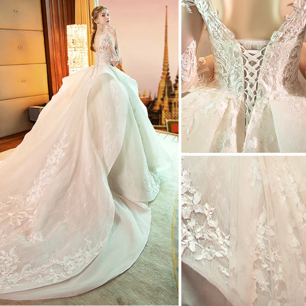 Audrey Hepburn Style Champagne Wedding Dresses 2019 Ball Gown See-through Scoop Neck Lace Appliques 3/4 Sleeve Backless Cascading Ruffles Royal Train
