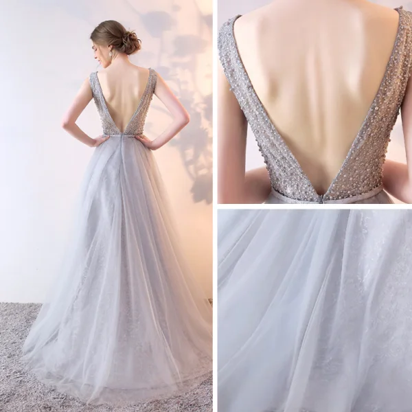 Chic / Beautiful Silver Evening Dresses 2017 A-Line / Princess Lace Flower Beading V-Neck Backless Sleeveless Floor-Length / Long Formal Dresses
