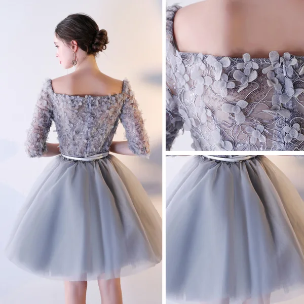 Chic / Belle Gris de retour Robe De Graduation 2017 Princesse Dentelle Paillettes Fleurs Artificielles Encolure Carrée Courte 1/2 Manches Robe De Ceremonie