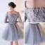 Chic / Belle Gris de retour Robe De Graduation 2017 Princesse Dentelle Paillettes Fleurs Artificielles Encolure Carrée Courte 1/2 Manches Robe De Ceremonie