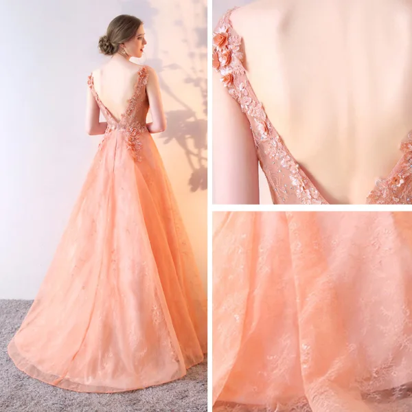 Chic / Beautiful Orange Evening Dresses 2017 A-Line / Princess Lace Flower Sequins V-Neck Backless Sleeveless Floor-Length / Long Formal Dresses