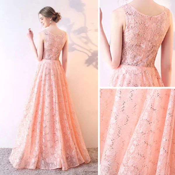 Chic / Beautiful Evening Dresses 2017 A-Line / Princess Lace Sequins Scoop Neck Sleeveless Floor-Length / Long Formal Dresses