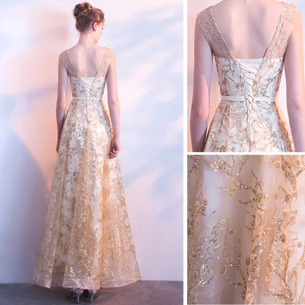 Chic / Beautiful Champagne Evening Dresses 2017 A-Line / Princess Lace Flower Sash Sequins Scoop Neck Sleeveless Ankle Length Formal Dresses