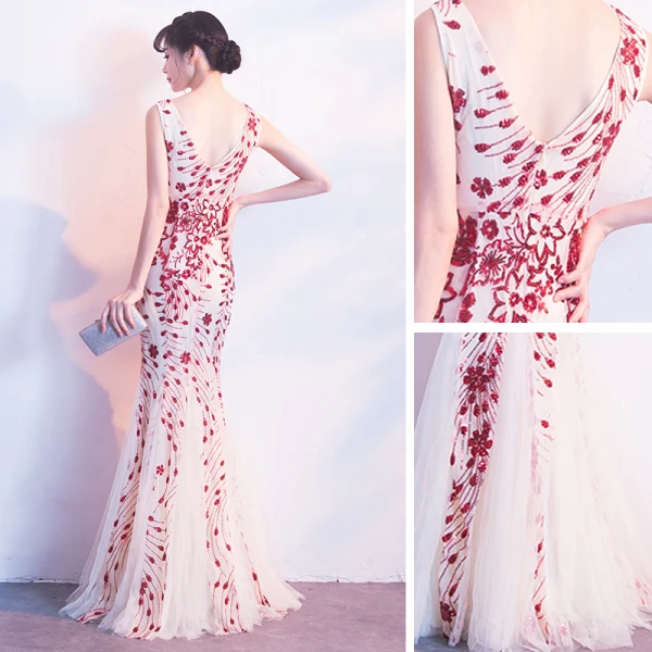 Chic / Beautiful Evening Dresses  2017 Trumpet / Mermaid Lace Sequins Backless V-Neck Sleeveless Floor-Length / Long Formal Dresses