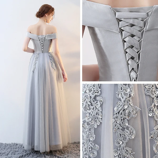 Schöne Abendkleider 2017 A Linie Mit Spitze Blumen Pailletten Off Shoulder Rückenfreies Ärmellos Knöchellänge Festliche Kleider