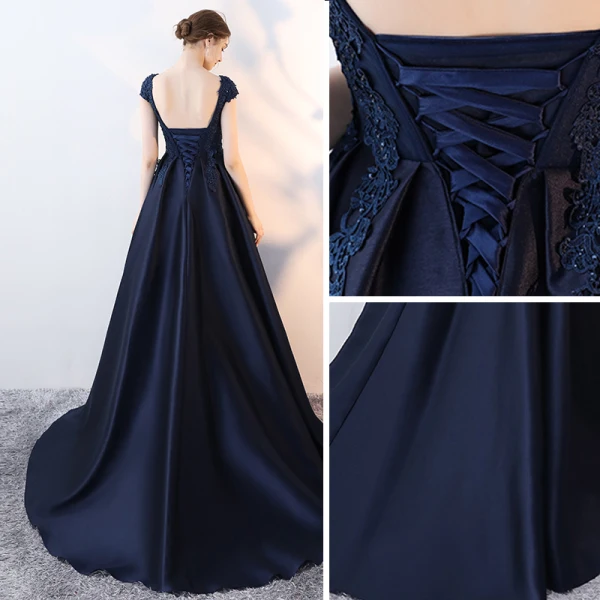 Classique Bleu Marine Robe De Bal 2017 Princesse En Dentelle Fleur Cristal Paillettes V-Cou Dos Nu Sans Manches Train De Balayage Robe De Ceremonie