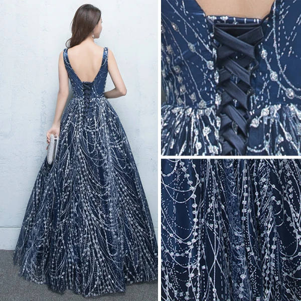 Elegante Sternenklarer Himmel Abendkleider 2017 Ballkleid Pailletten Rückenfreies V-Ausschnitt Ärmellos Lange Festliche Kleider
