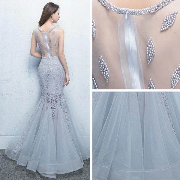Chic / Beautiful Grey Evening Dresses 2017 A-Line / Princess Lace Flower Pearl Scoop Neck Zipper Up Sleeveless Floor-Length / Long Formal Dresses