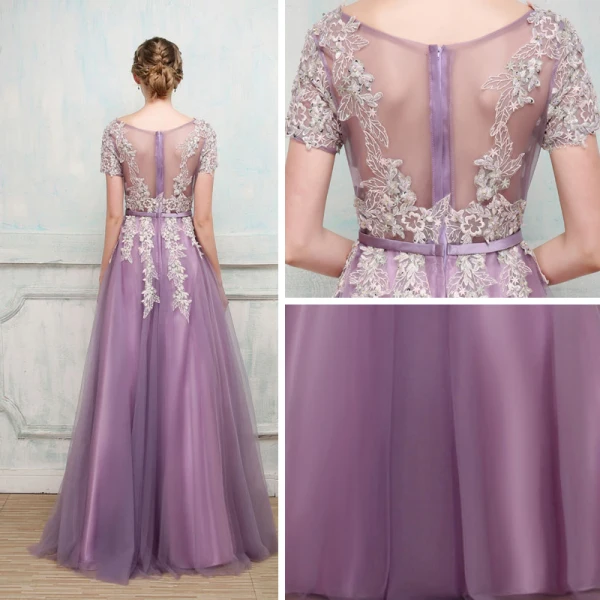 Chic / Beautiful Grape Evening Dresses 2017 A-Line / Princess Lace Flower Beading Sequins Scoop Neck Short Sleeve Floor-Length / Long Formal Dresses
