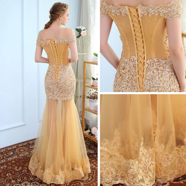 Luxury / Gorgeous Evening Dresses 2017 Trumpet / Mermaid Lace Flower Crystal Off-The-Shoulder Backless Short Sleeve Floor-Length / Long Formal Dresses