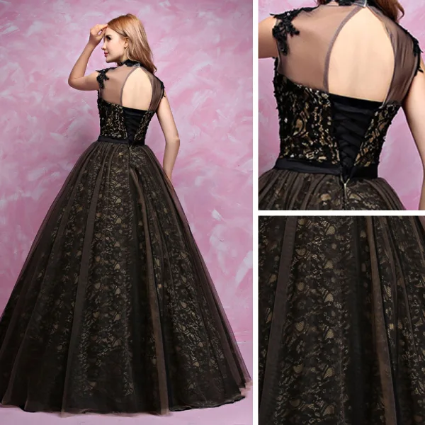 Luxury / Gorgeous Black Gold Prom Dresses 2017 Ball Gown Lace Beading Crystal Rhinestone High Neck Backless Sleeveless Floor-Length / Long Formal Dresses