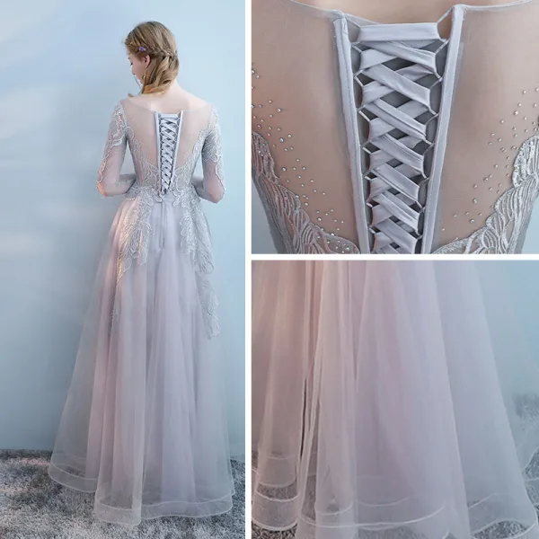 Chic / Beautiful Grey Evening Dresses 2017 A-Line / Princess Lace Pearl Sequins Scoop Neck Long Sleeve Ankle Length Formal Dresses