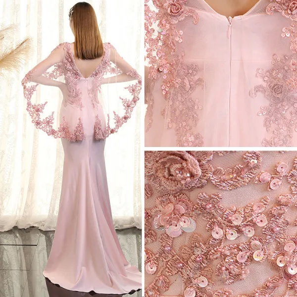 Luxus / Herrlich Rosa Abendkleider 2017 Mermaid Mit Spitze Kristall Perle Pailletten V-Ausschnitt Rückenfreies 1/2 Ärmel Sweep / Pinsel Zug Festliche Kleider