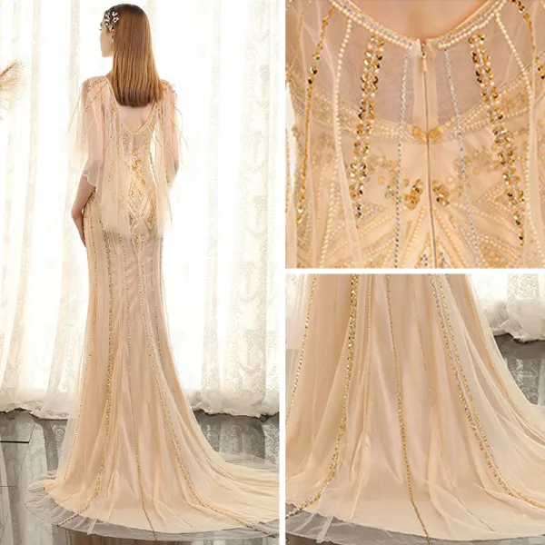 Luxury / Gorgeous Gold Evening Dresses 2017 Trumpet / Mermaid Beading Crystal Pearl Sequins Scoop Neck Backless 1/2 Sleeves Sweep Train Formal Dresses