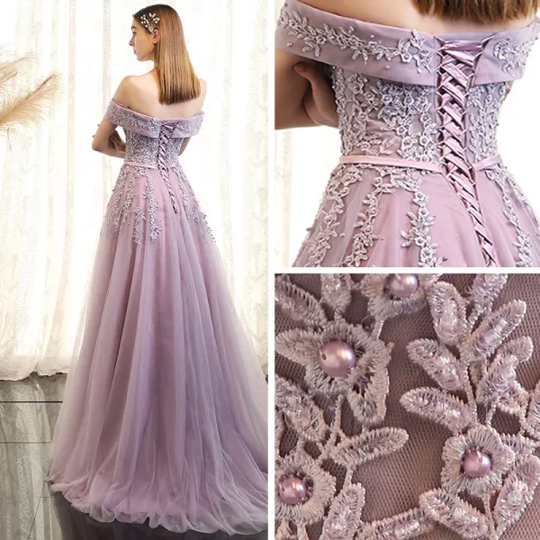 Chic / Beautiful Evening Dresses 2017 A-Line / Princess Lace Flower Pearl Off-The-Shoulder Backless Sleeveless Sweep Train Formal Dresses