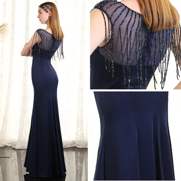 Chic / Beautiful Navy Blue Evening Dresses 2017 Trumpet / Mermaid Crystal Scoop Neck Sleeveless Ankle Length Formal Dresses
