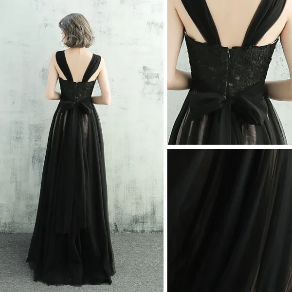 Chic / Belle Noir Robe De Soirée 2017 Princesse Dentelle Fleur Ceinture De l'épaule Dos Nu Sans Manches Longue Robe De Ceremonie