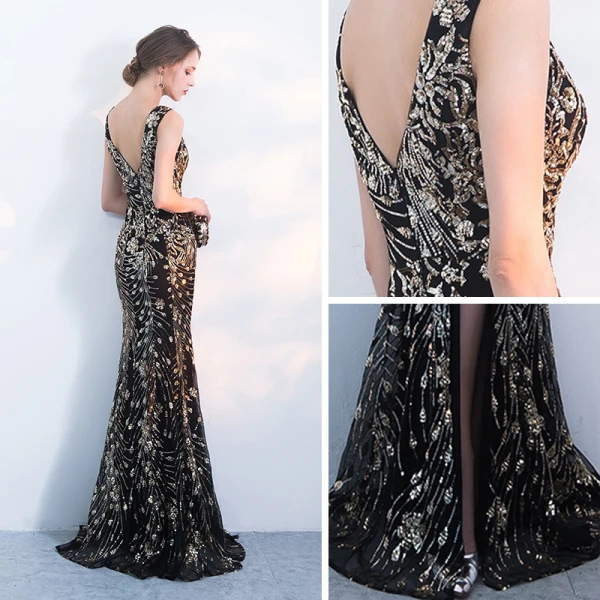 Amazing / Unique Black Gold Evening Dresses  2017 Trumpet / Mermaid Sequins V-Neck Backless Sleeveless Floor-Length / Long Formal Dresses