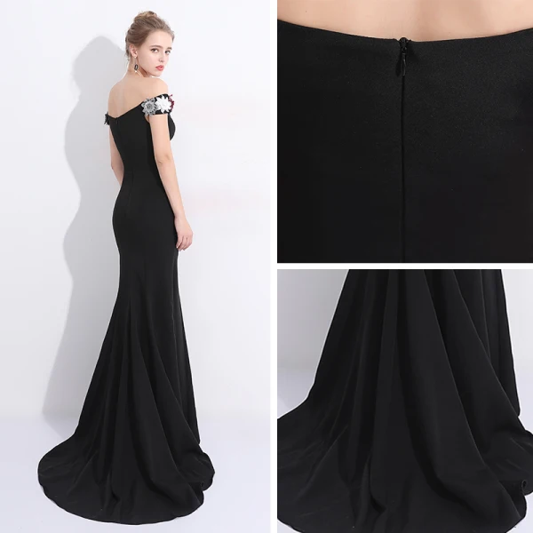 Sexy Schwarz Abendkleider 2017 Mermaid Mit Spitze Blumen Pailletten Off Shoulder Kurze Ärmel Rückenfreies Sweep / Pinsel Zug Festliche Kleider