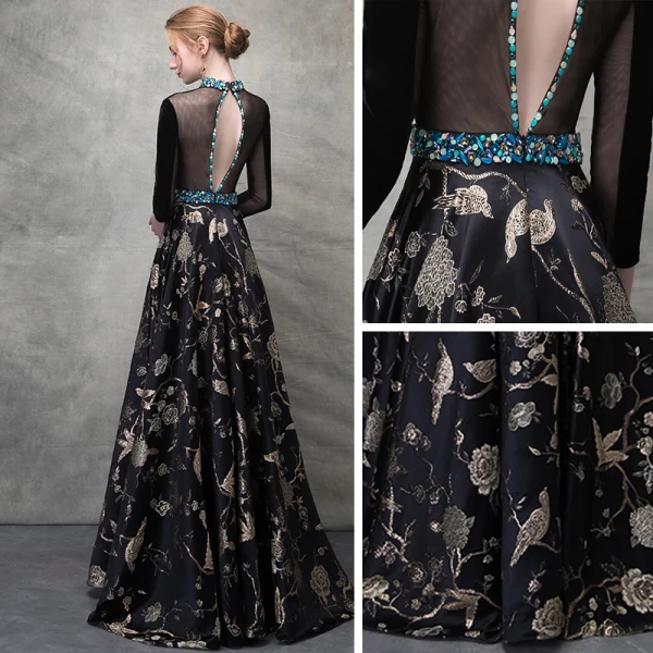 Luxury / Gorgeous Black Gold Evening Dresses 2018 A-Line / Princess Crystal Embroidered Pierced Scoop Neck Backless 3/4 Sleeve Floor-Length / Long Formal Dresses