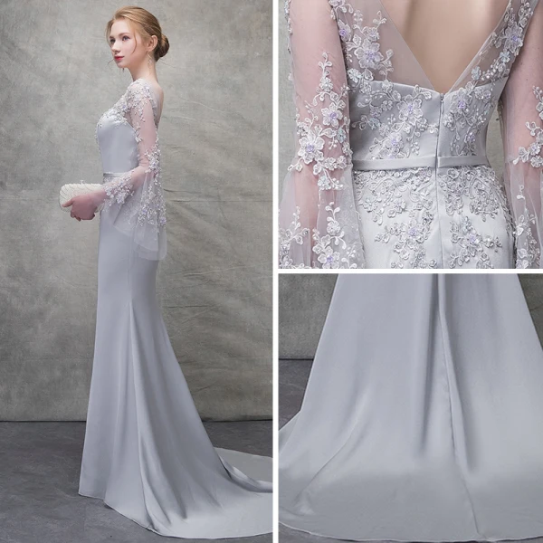 Chic / Beautiful Silver Evening Dresses  2018 Trumpet / Mermaid Lace Flower Scoop Neck Backless Long Sleeve Sweep Train Formal Dresses