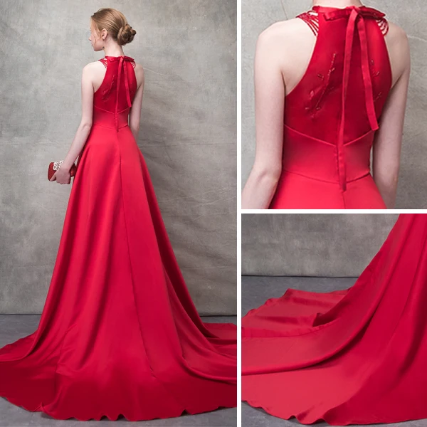 Élégant Rouge Robe De Soirée 2017 Princesse Noeud Perlage Col Haut Sans Manches Bustier Royal Train Robe De Ceremonie