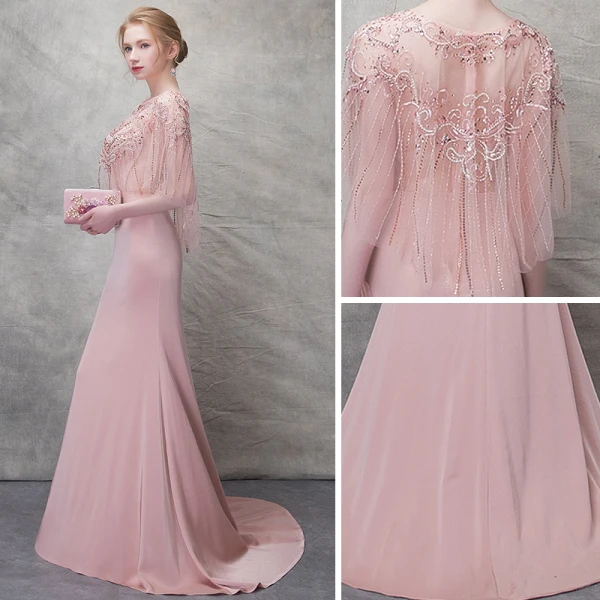 Élégant Rougissant Rose Robe De Soirée 2017 Trompette / Sirène En Dentelle Fleur Cristal Encolure Dégagée 1/2 Manches Train De Balayage Robe De Ceremonie