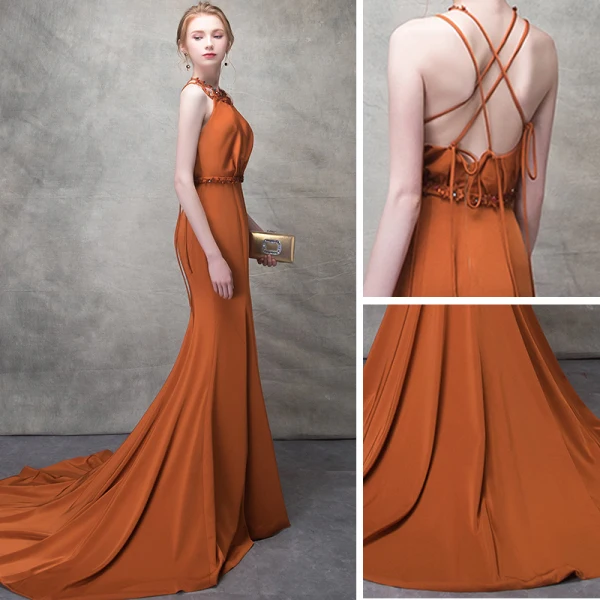 Élégant Orange Robe De Soirée 2017 Trompette / Sirène Fleurs Artificielles Faux Diamant Cristal Titulaire Dos Nu Sans Manches Tribunal Train Robe De Ceremonie