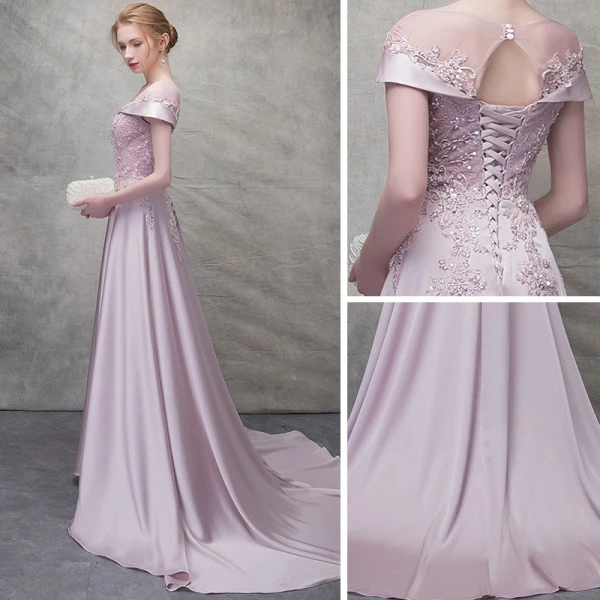 Elegante Rosa Abendkleider 2017 A Linie Mit Spitze Blumen Pailletten Rundhalsausschnitt Rückenfreies Sweep / Pinsel Zug Kurze Ärmel Festliche Kleider