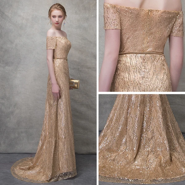 Scintillantes Dorés Robe De Soirée 2017 Trompette / Sirène Glitter Dentelle Métal Ceinture De l'épaule Manches Courtes Train De Balayage Robe De Ceremonie