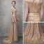 Scintillantes Dorés Robe De Soirée 2017 Trompette / Sirène Glitter Dentelle Métal Ceinture De l'épaule Manches Courtes Train De Balayage Robe De Ceremonie