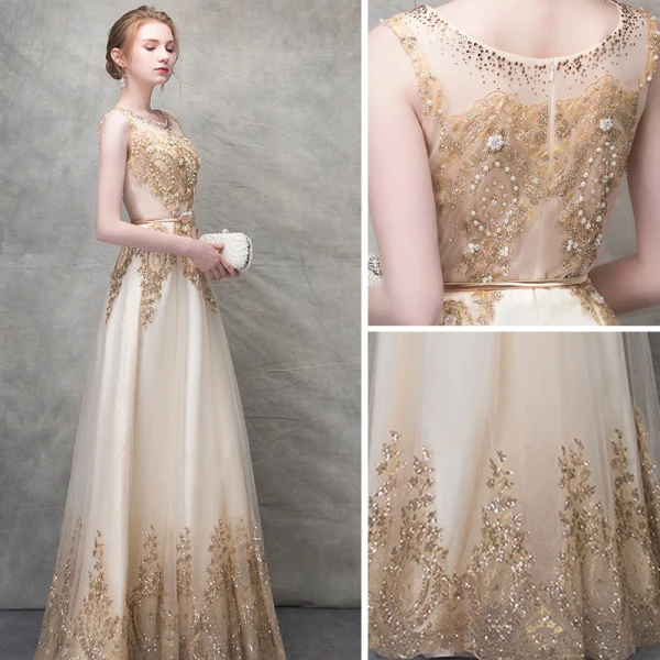 Sparkly Champagne Evening Dresses  2017 A-Line / Princess Pearl Sequins Metal Sash Scoop Neck Sleeveless Ankle Length Formal Dresses