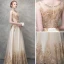 Sparkly Champagne Evening Dresses  2017 A-Line / Princess Pearl Sequins Metal Sash Scoop Neck Sleeveless Ankle Length Formal Dresses