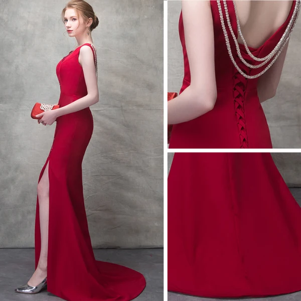 Sexy Burgundy Evening Dresses 2018 Trumpet / Mermaid Beading Metal V-Neck Backless Sleeveless Sweep Train Formal Dresses