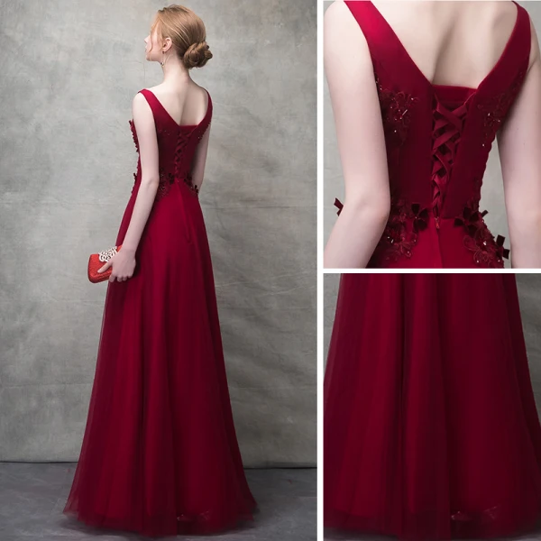 Chic / Belle Bordeaux Robe De Soirée 2017 Princesse En Dentelle Fleur Cristal Fleurs Artificielles Encolure Dégagée Dos Nu Sans Manches Longueur Cheville Robe De Ceremonie