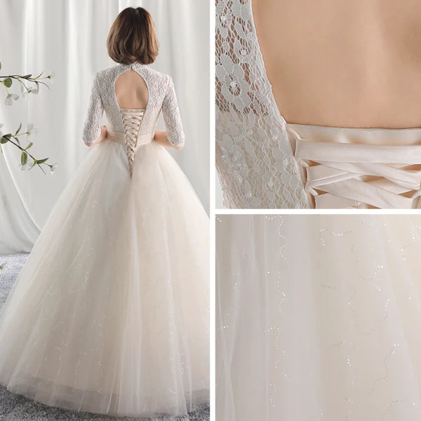 Schöne Ballkleid Brautkleider / Hochzeitskleider 2017 Spitze Blumen Stehkragen Rückenfreies 1/2 Ärmel Lange Hochzeit