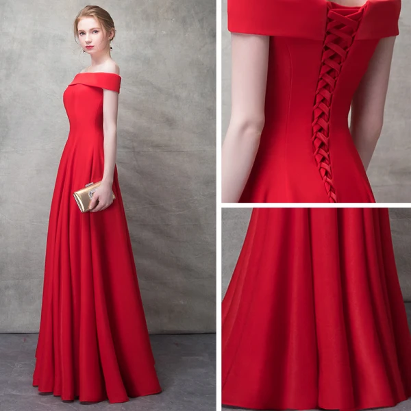 Chic / Beautiful Red Evening Dresses  2017 A-Line / Princess Off-The-Shoulder Backless Sleeveless Floor-Length / Long Formal Dresses