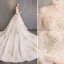 Eleganckie Szampan Suknie Ślubne 2019 Princessa Wysokiej Szyi Z Koronki Kwiat Cekiny Rękawy z dzwoneczkami Bez Pleców Trenem Królewski