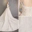 Elegante Champagne Trouwjurken 2019 A lijn Ronde Hals Appliques Kant Bloem Pailletten 3/4 Mouwen Ruglooze Royal Train